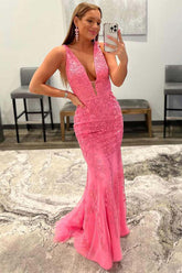 Mermaid Lace V-neck Floor Length Prom Dresses, Evening Dresses